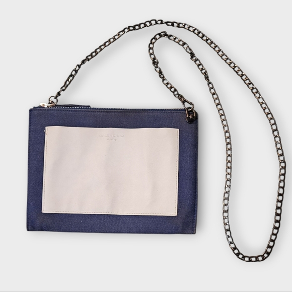 Balenciaga Handbags - Balenciaga Paris Parfums Denim & White Leather Zip Pouch Converted Crossbody Bag
